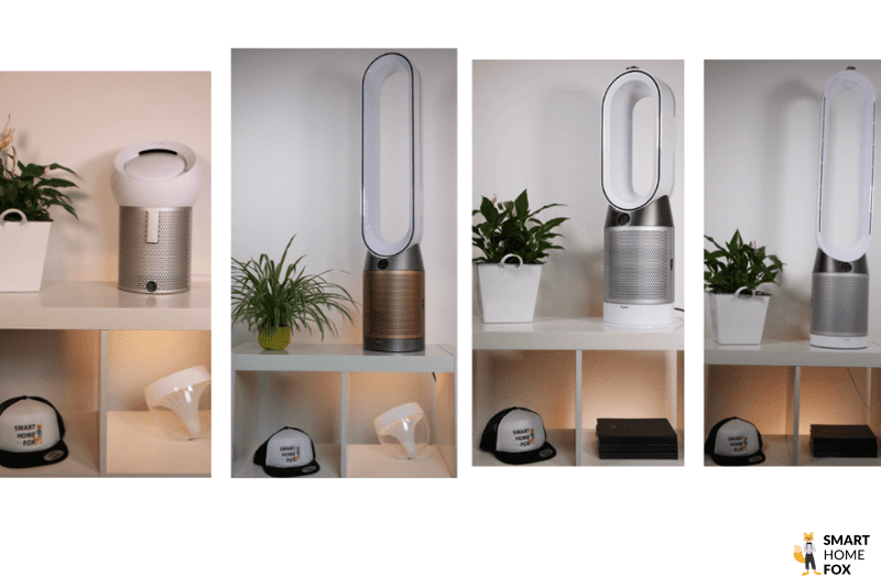 Три вентилятора и воздухоочистителя Dyson на полке рядом друг с другом